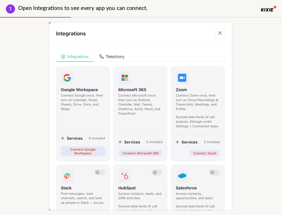 Animation of the Integrations window: the app cards, the Google Workspace services list, the Telephony tab with Twilio, Plivo, Telnyx and Vonage and Settings > Connected Apps showing each data source. The business name is blurred.