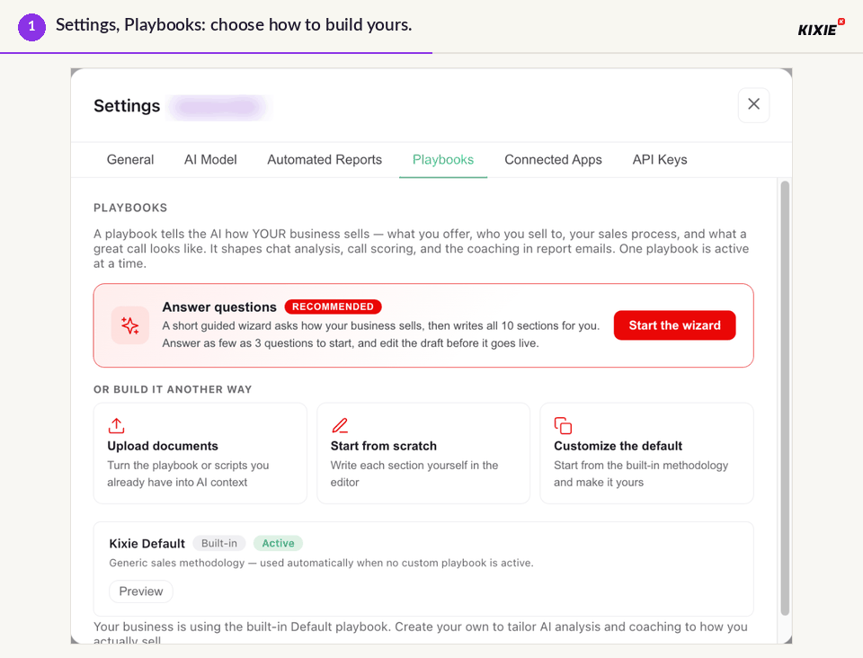 Animation of Settings > Playbooks: the ways to build a Playbook, then the first question of the Playbook wizard. The business name is blurred.