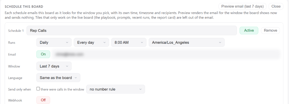 The Schedule this board panel with run frequency, time and time zone, email recipients (blurred), window, language, send-only-when and webhook settings.