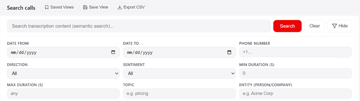 The Search tab on the Calls page, with a search field and filters for dates, phone number, direction, sentiment, duration, topic and person or company.